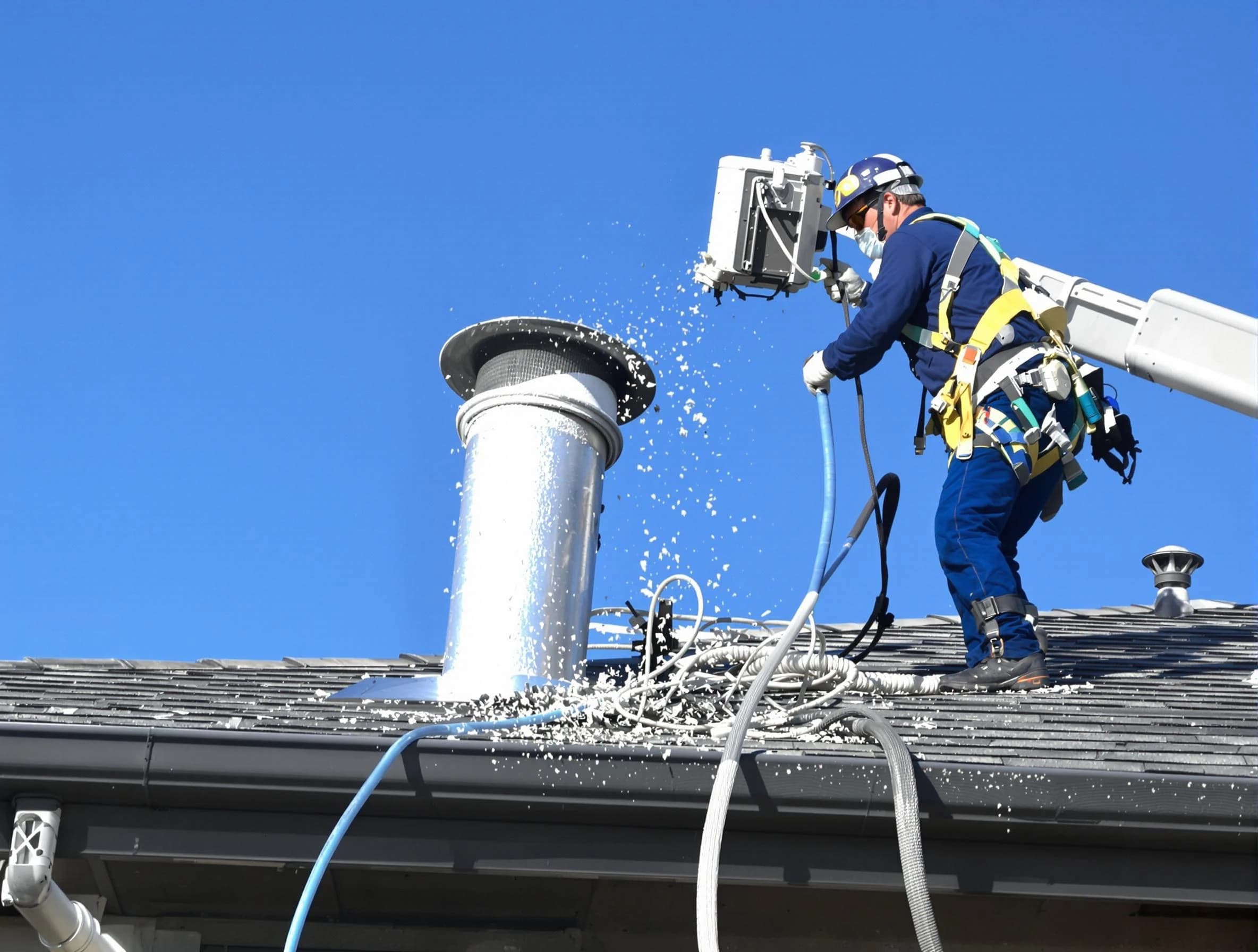 Gardendale Dryer Vent Cleaning certified technician safely cleaning a roof-mounted dryer vent in Gardendale